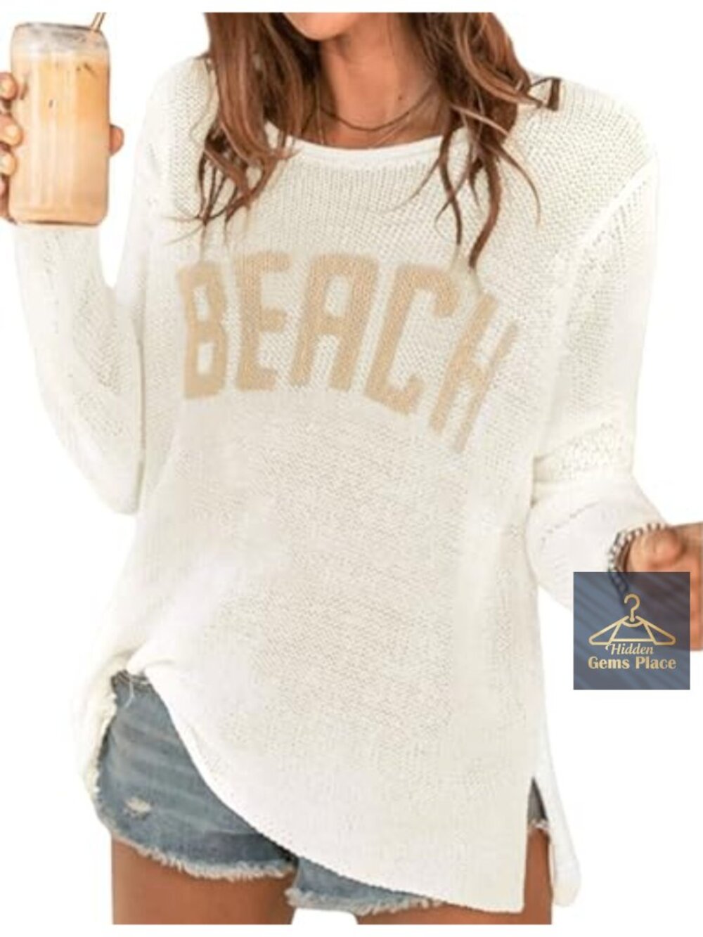 Crochet Beach Cover Up Letter Print Long Sleeve Semi-Sheer Swim Coverup Top